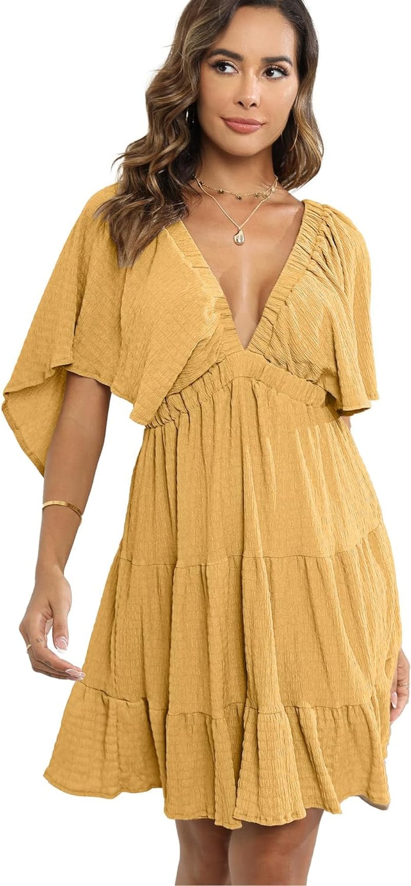 Women'S Summer V-Neck, Tiered Silhouette with Flutter Sleeves Mini Dress for Casual