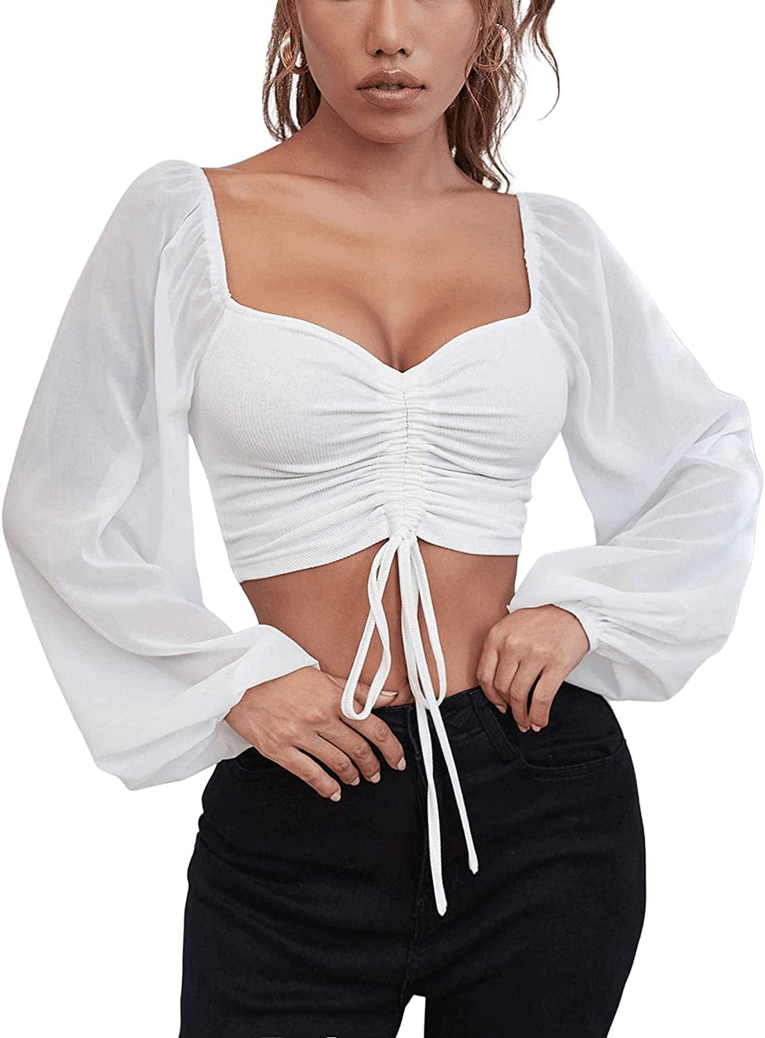 Women'S Sweetheart Neck Drawstring Ruched Lantern Sleeve Crop Top Blouse White / Medium