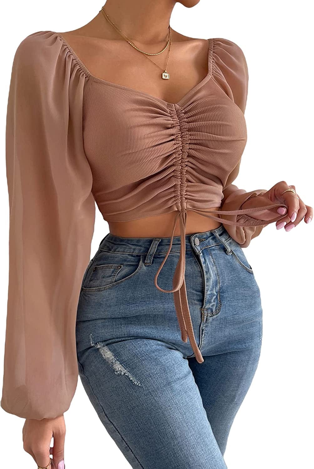 Women'S Sweetheart Neck Drawstring Ruched Lantern Sleeve Crop Top Blouse Dusty Pink / Medium