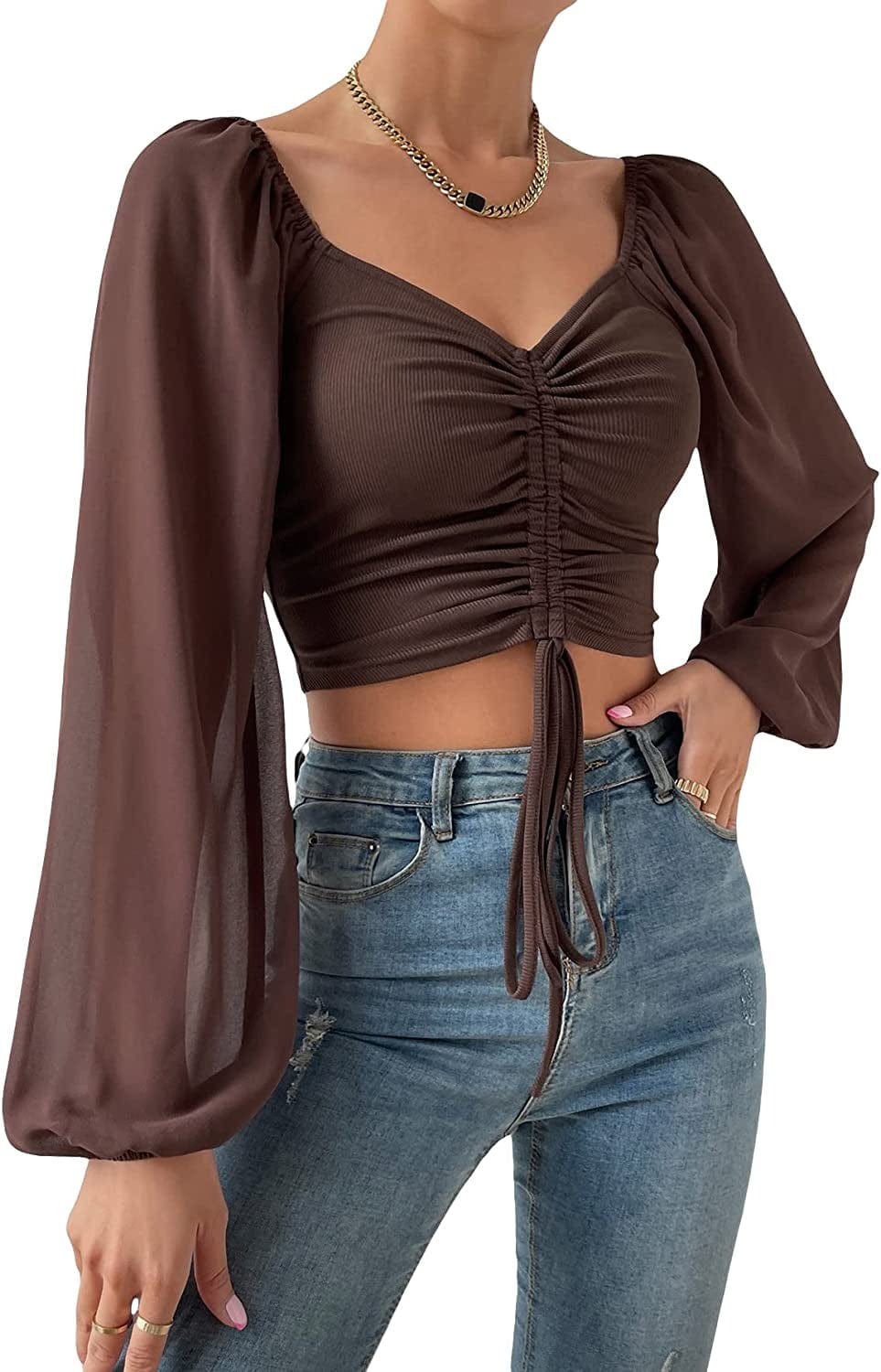 Women'S Sweetheart Neck Drawstring Ruched Lantern Sleeve Crop Top Blouse Coffee Brown / Medium