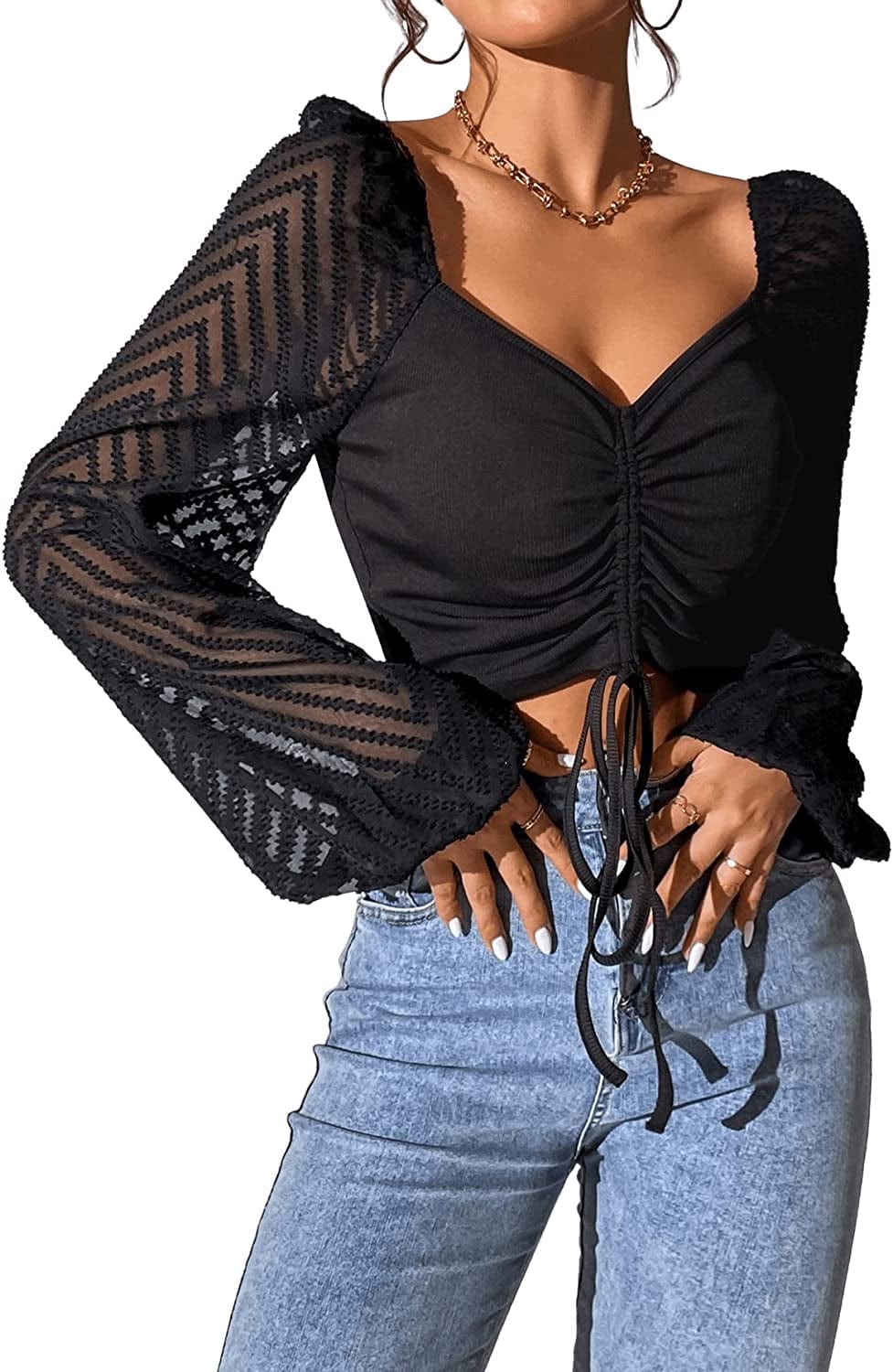 Women'S Sweetheart Neck Drawstring Ruched Lantern Sleeve Crop Top Blouse Striped Black / Medium