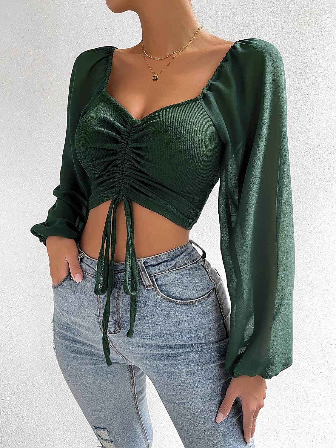 Women'S Sweetheart Neck Drawstring Ruched Lantern Sleeve Crop Top Blouse