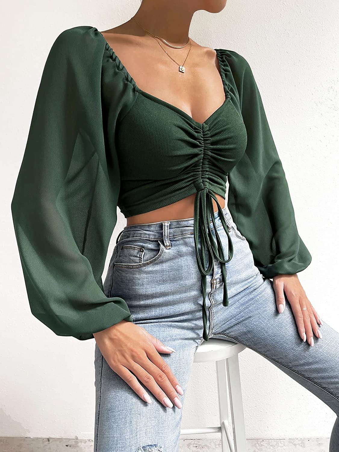 Women'S Sweetheart Neck Drawstring Ruched Lantern Sleeve Crop Top Blouse