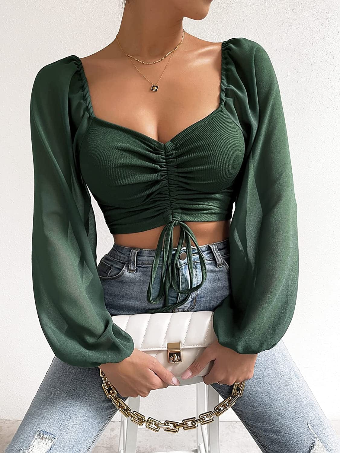 Women'S Sweetheart Neck Drawstring Ruched Lantern Sleeve Crop Top Blouse