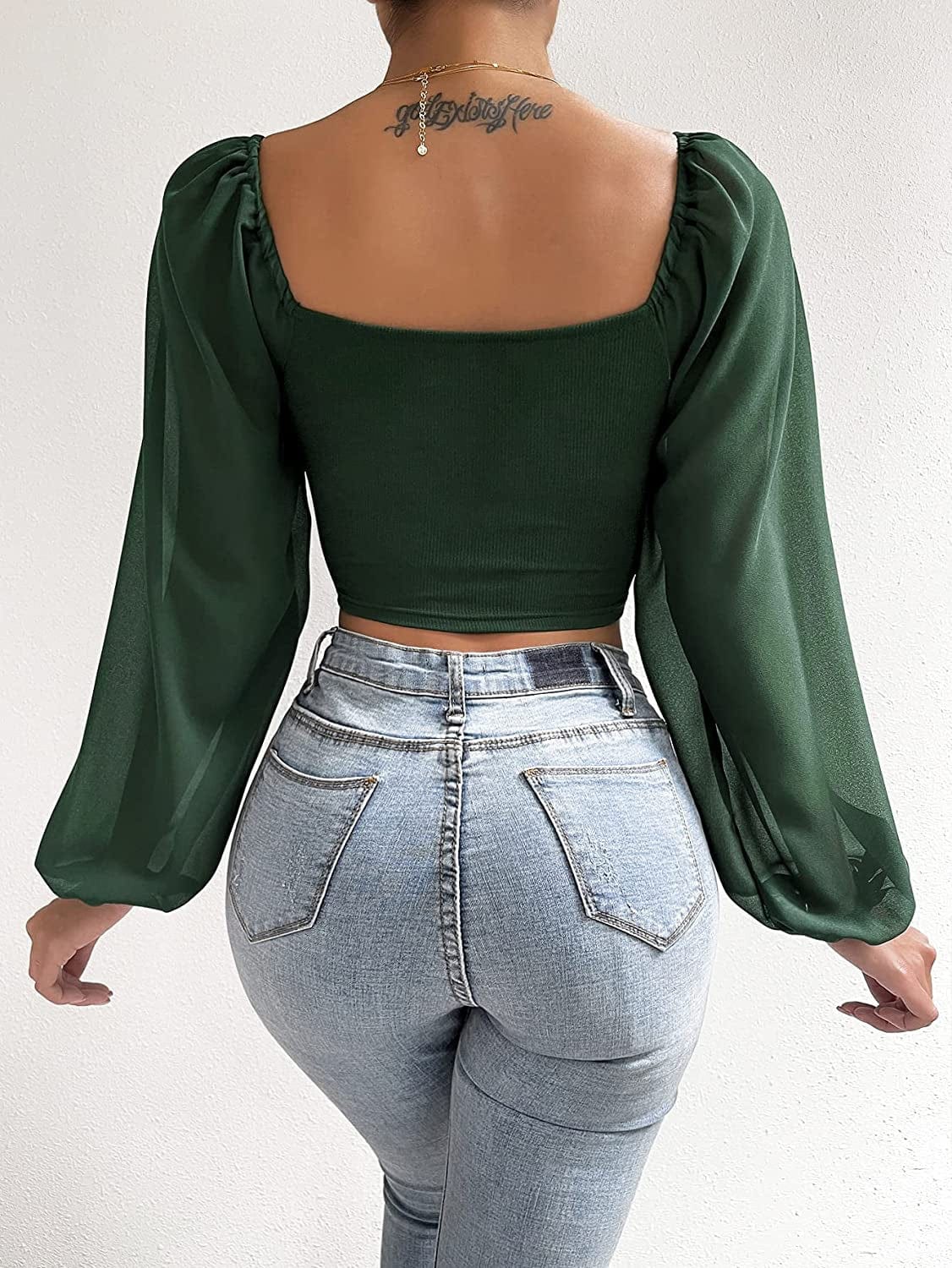 Women'S Sweetheart Neck Drawstring Ruched Lantern Sleeve Crop Top Blouse