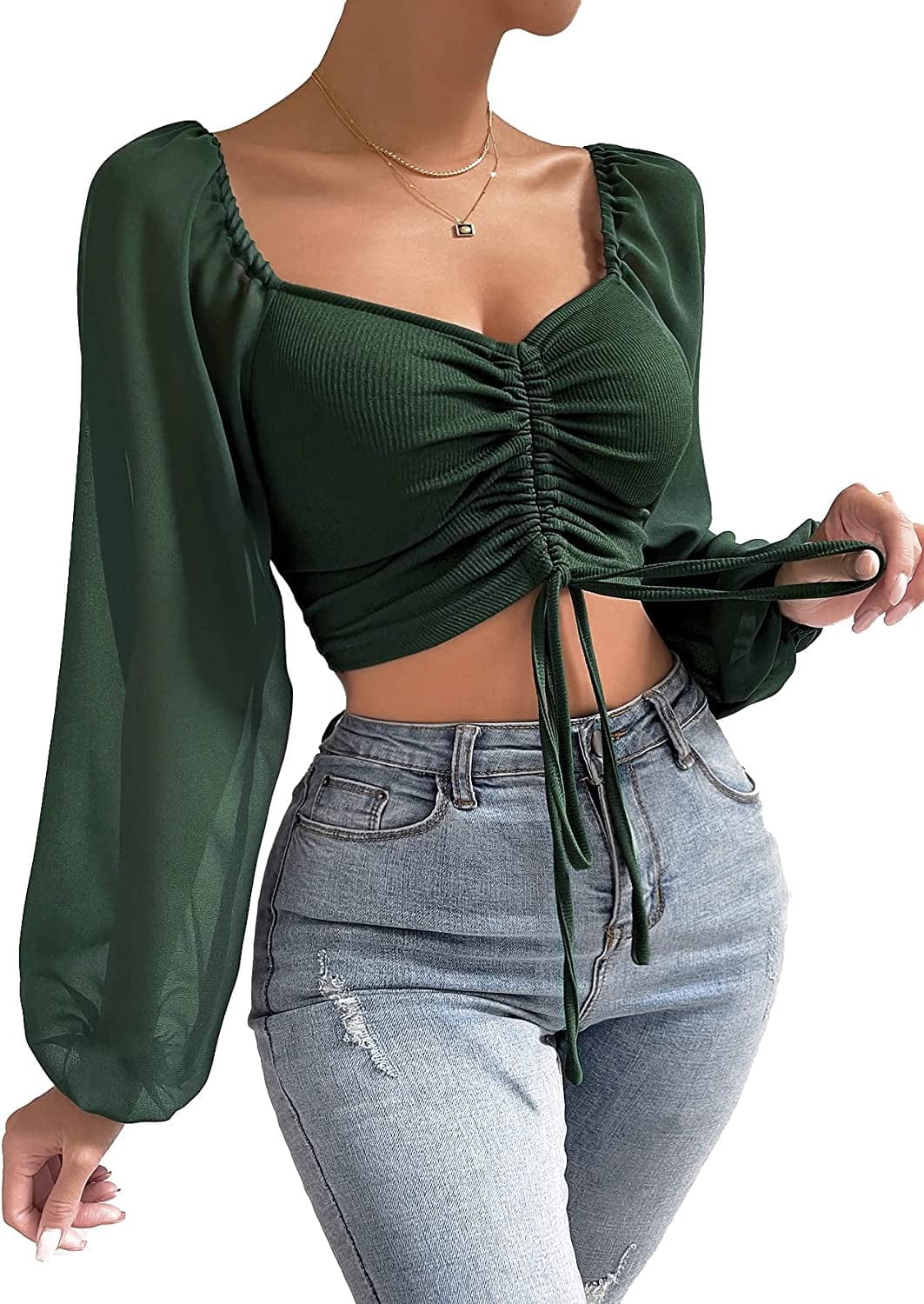 Women'S Sweetheart Neck Drawstring Ruched Lantern Sleeve Crop Top Blouse Dark Green / Medium