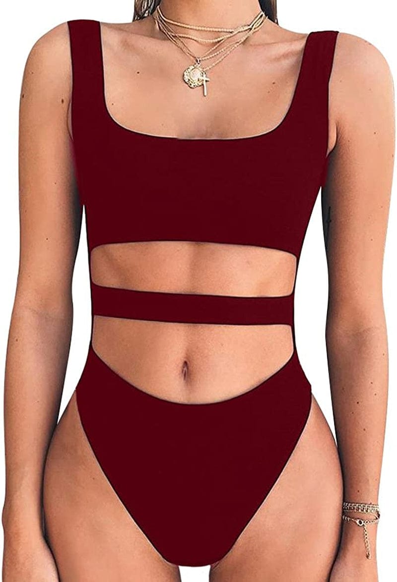 Women'S Tank Top Cut Out Sleeveless Bodice Bodysuit Party Clubwear Wine Red / Small