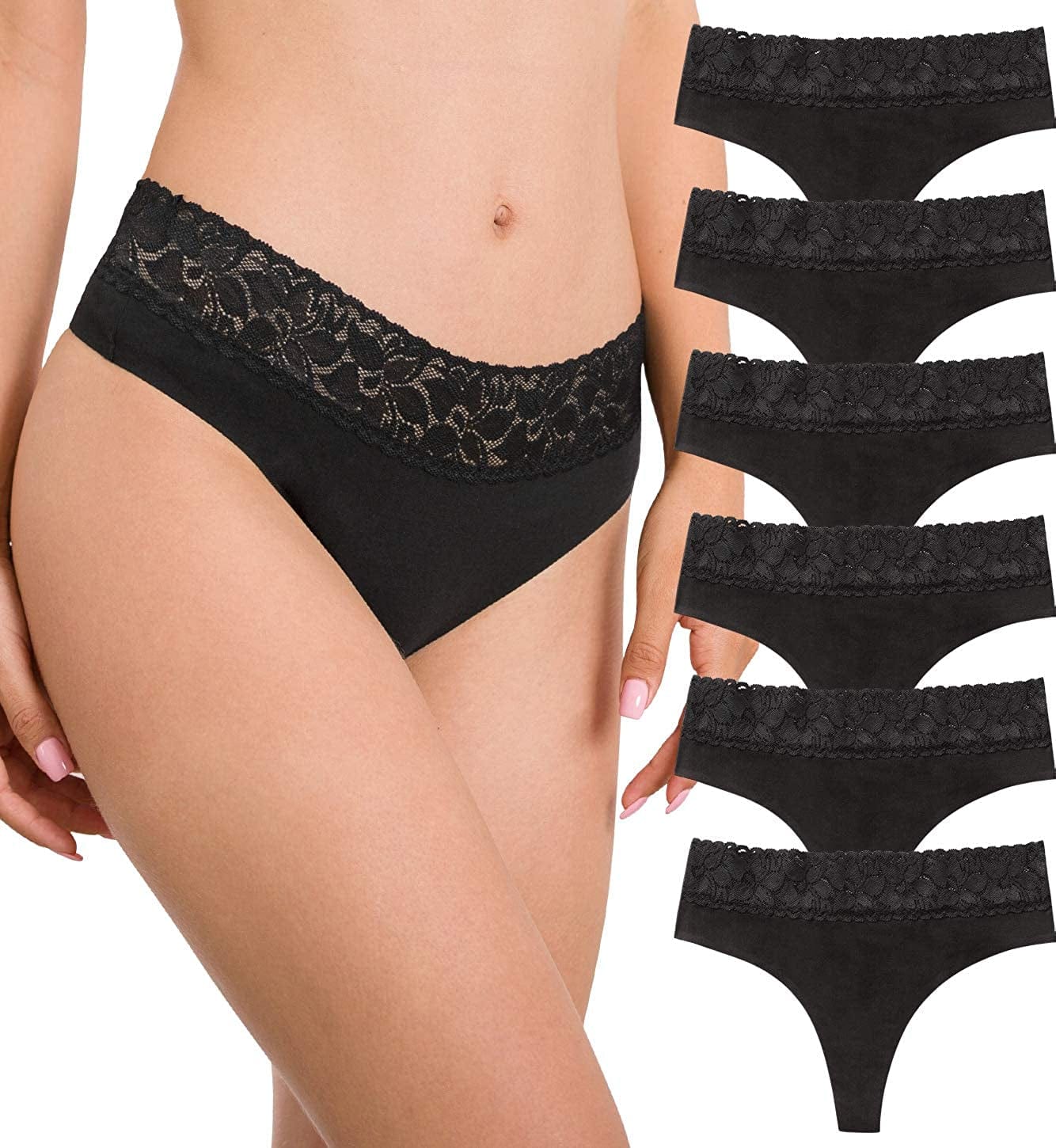 Women'S Thongs Underwear Cotton Seamless Thongs for Women Lace Trim Panties Black Thongs for Women / Small