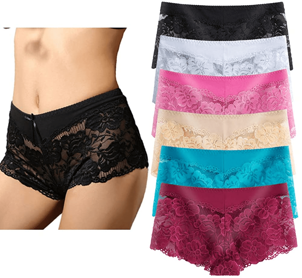 Women'S Underwear Regular & plus Size Panties Sexy Lace Boyshort Hipster Cheeky Panty- 6 Pack Apparel & Accessories > Clothing > Underwear & Socks > Underwear YaoKing 6 Pack-a9144 Large