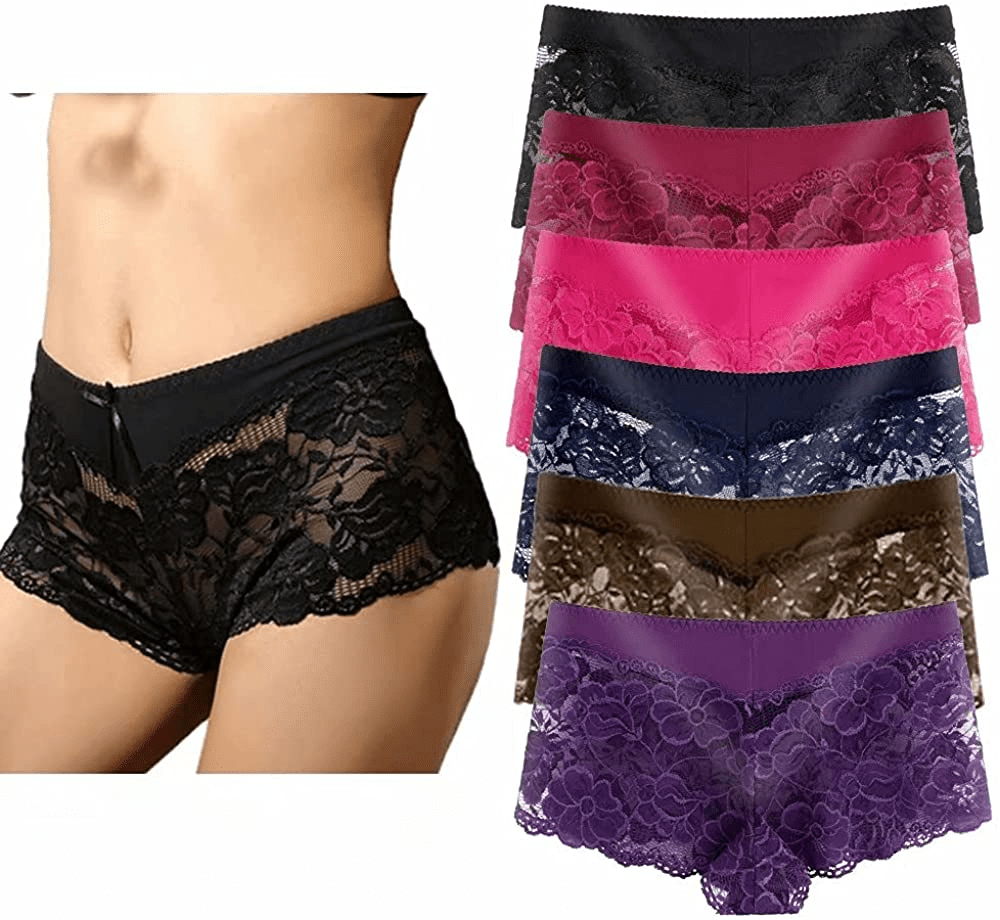 Women'S Underwear Regular & plus Size Panties Sexy Lace Boyshort Hipster Cheeky Panty- 6 Pack Apparel & Accessories > Clothing > Underwear & Socks > Underwear YaoKing 6 Pack-b9144 Large