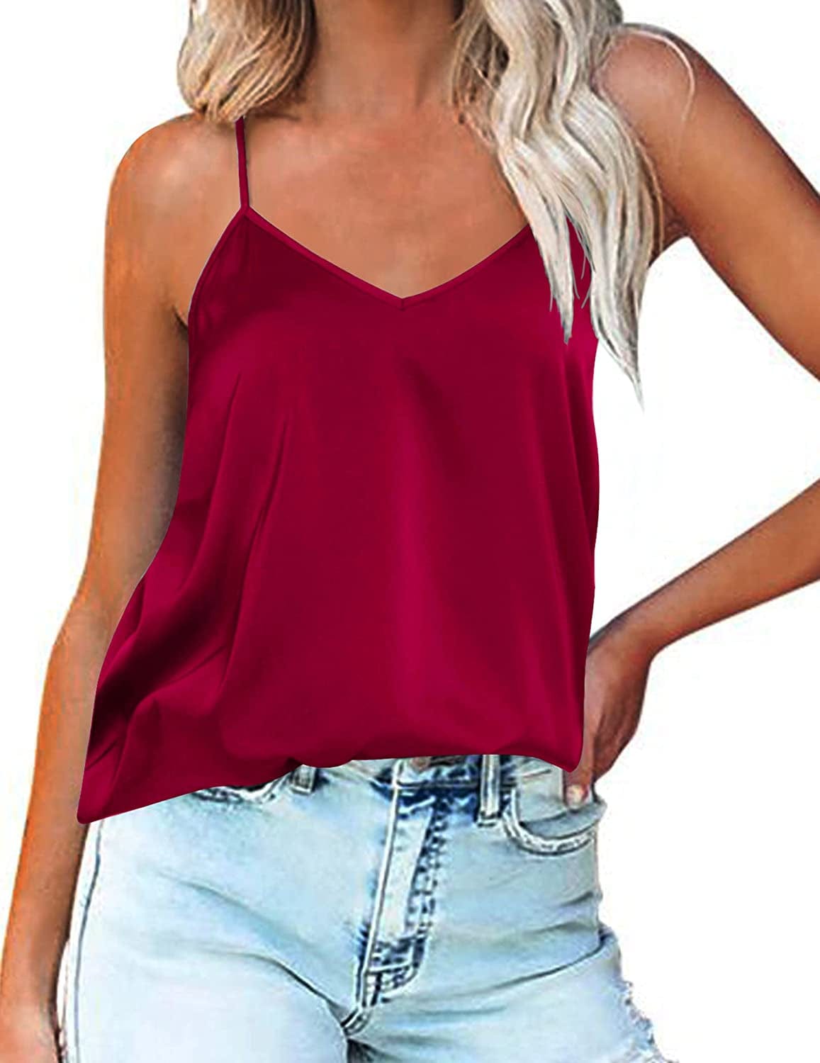 Women'S V Neck Satin Camisole Silk Cami Top Loose Sleeveless Spaghetti Strap Tank Blouse Deep red / Large