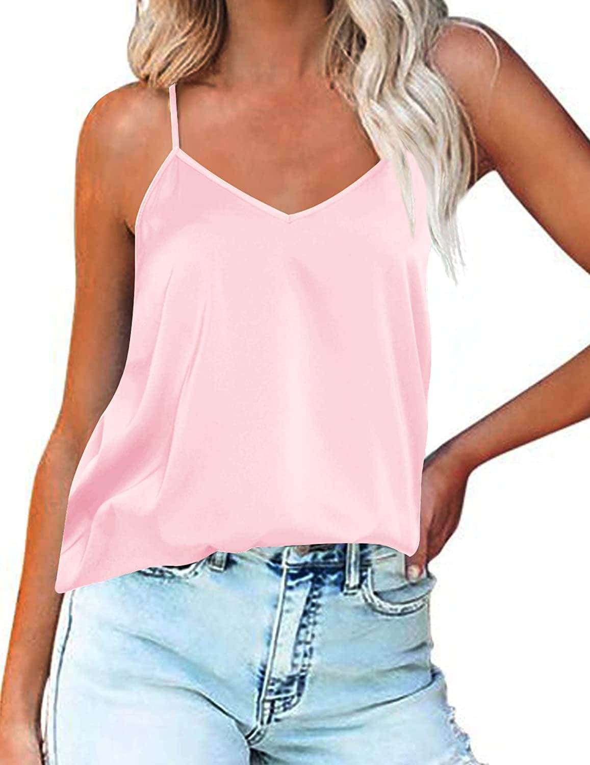 Women'S V Neck Satin Camisole Silk Cami Top Loose Sleeveless Spaghetti Strap Tank Blouse Light Pink / Large