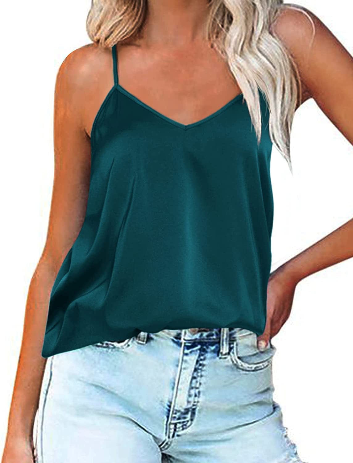 Women'S V Neck Satin Camisole Silk Cami Top Loose Sleeveless Spaghetti Strap Tank Blouse Onion Green / XX-Large