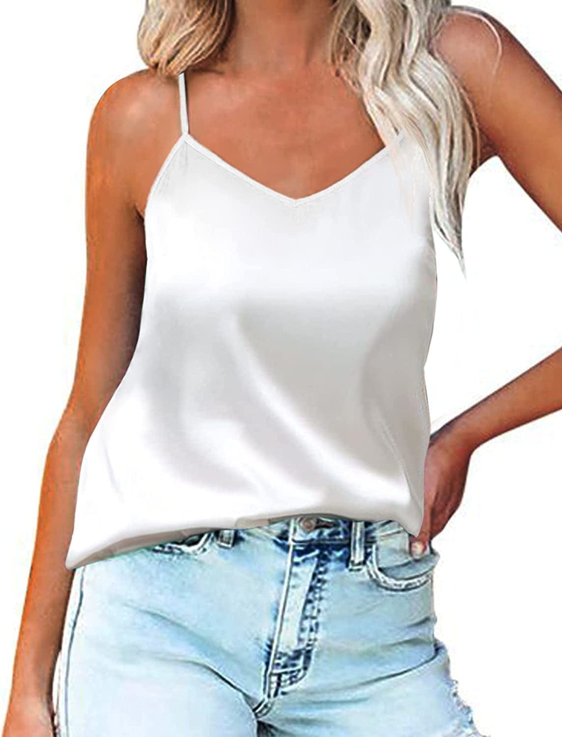 Women'S V Neck Satin Camisole Silk Cami Top Loose Sleeveless Spaghetti Strap Tank Blouse A-white / X-Large