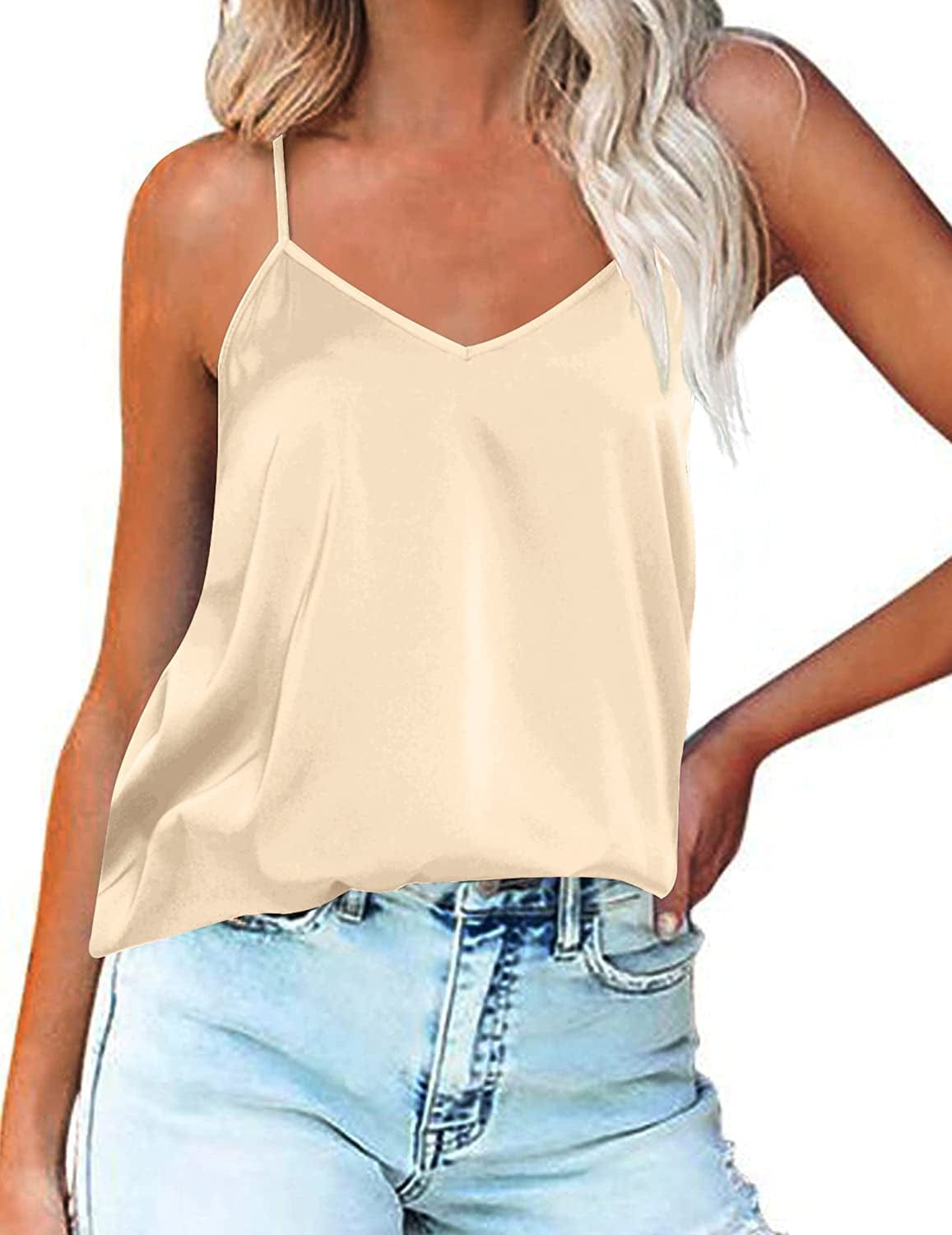 Women'S V Neck Satin Camisole Silk Cami Top Loose Sleeveless Spaghetti Strap Tank Blouse Light Brown / X-Large