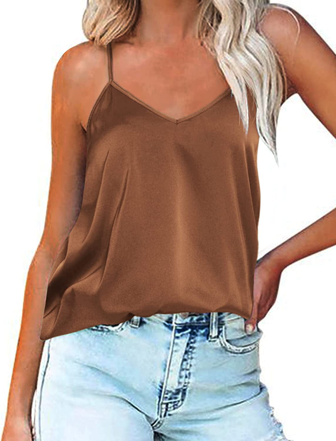 Women'S V Neck Satin Camisole Silk Cami Top Loose Sleeveless Spaghetti Strap Tank Blouse Coffe / X-Large