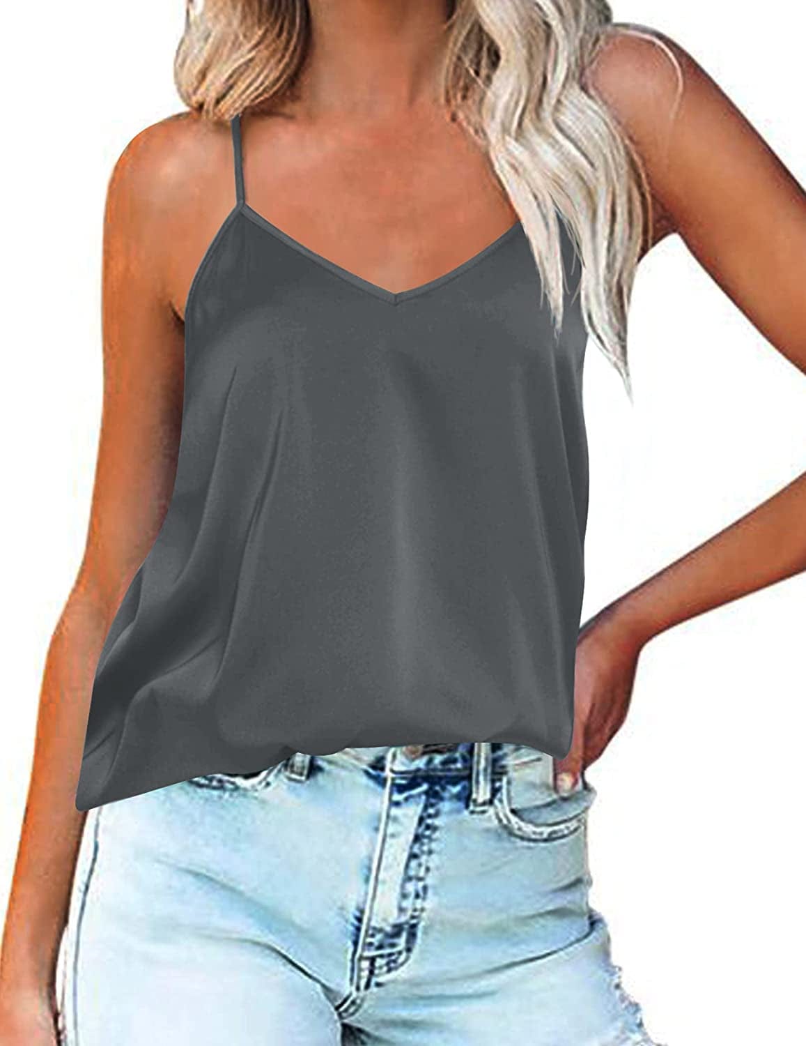 Women'S V Neck Satin Camisole Silk Cami Top Loose Sleeveless Spaghetti Strap Tank Blouse Charcoal Grey / X-Large