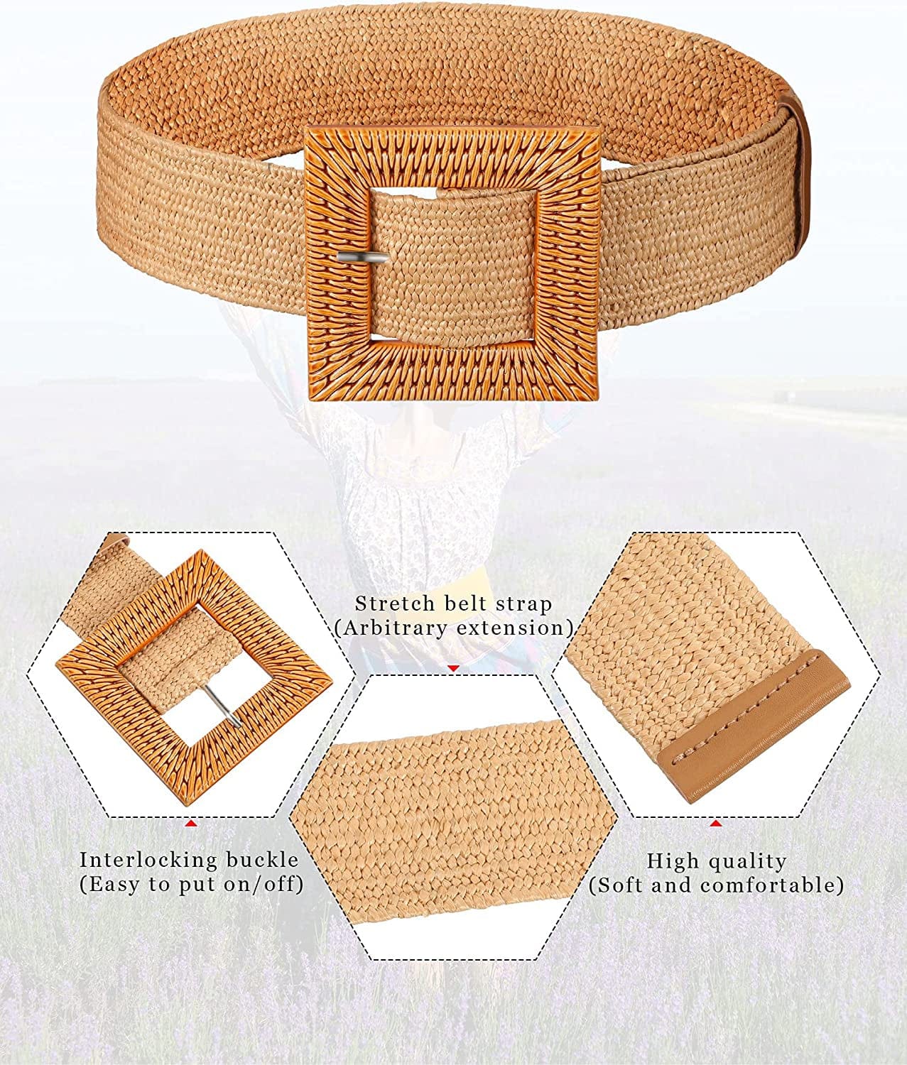 Women'S Waist Belt Imitate Straw Woven Skinny Dress Belt Elastic Stretch Waist Band with Square Buckle for Women Girls Summer Beach Apparel & Accessories > Clothing Accessories > Belts Geyoga