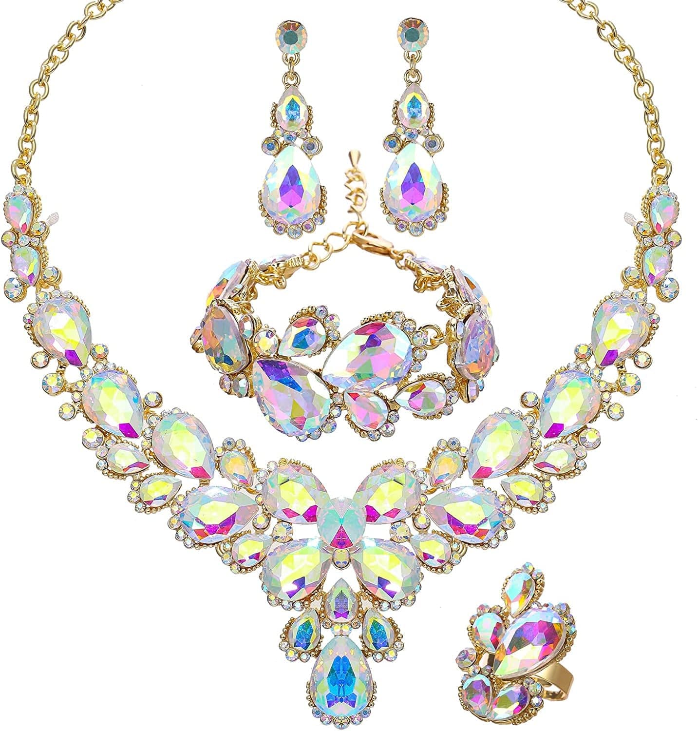 Women'S Wedding Bridal Austrian Crystal Glass Teardrop Statement Necklace Dangle Earrings Bracelet Ring Wedding Party Jewelry Set for Bridal Bridesmaid AB Crystal-Gold Plated