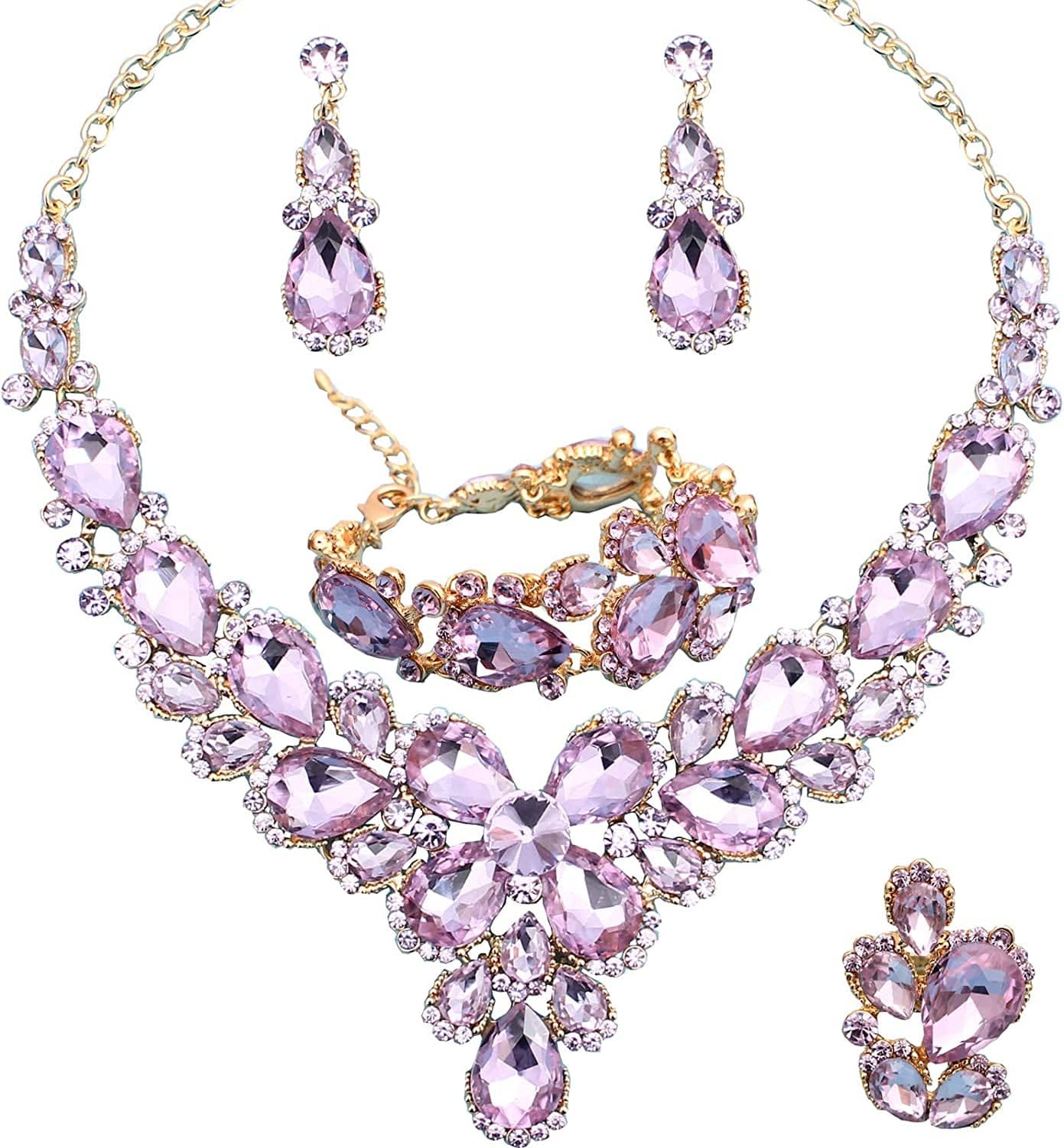 Women'S Wedding Bridal Austrian Crystal Glass Teardrop Statement Necklace Dangle Earrings Bracelet Ring Wedding Party Jewelry Set for Bridal Bridesmaid Violet-Gold Plated