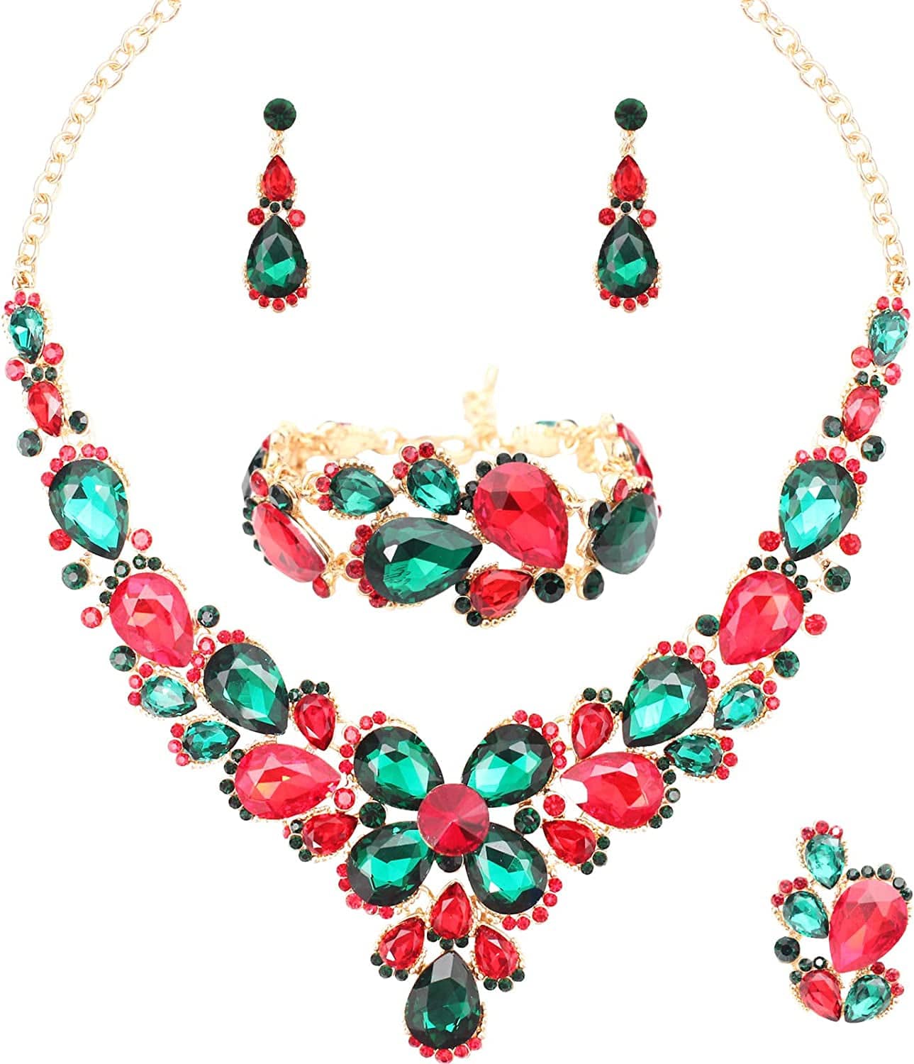 Women'S Wedding Bridal Austrian Crystal Glass Teardrop Statement Necklace Dangle Earrings Bracelet Ring Wedding Party Jewelry Set for Bridal Bridesmaid Multicolor-Gold Plated