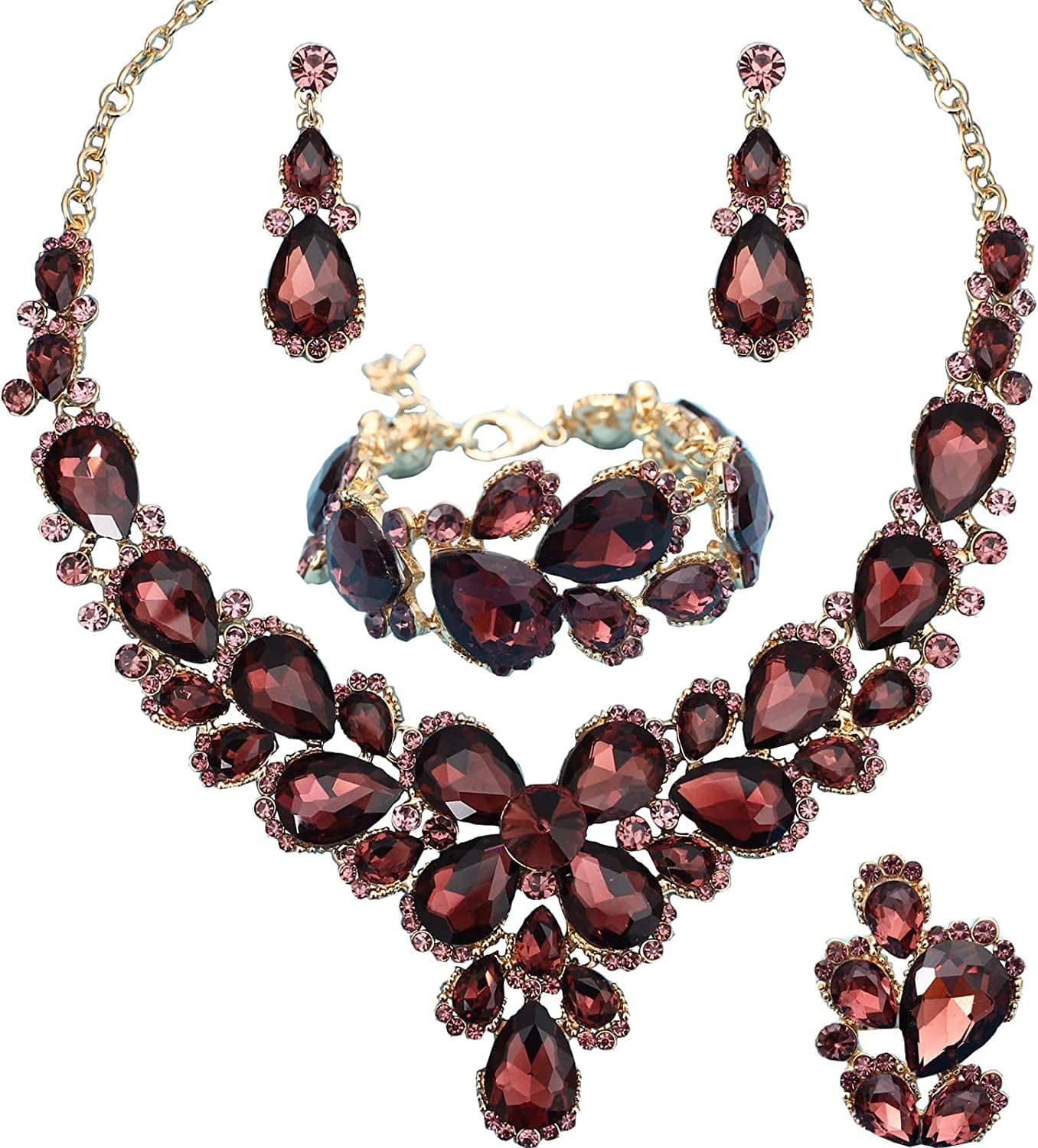 Women'S Wedding Bridal Austrian Crystal Glass Teardrop Statement Necklace Dangle Earrings Bracelet Ring Wedding Party Jewelry Set for Bridal Bridesmaid Purple-Gold Plated