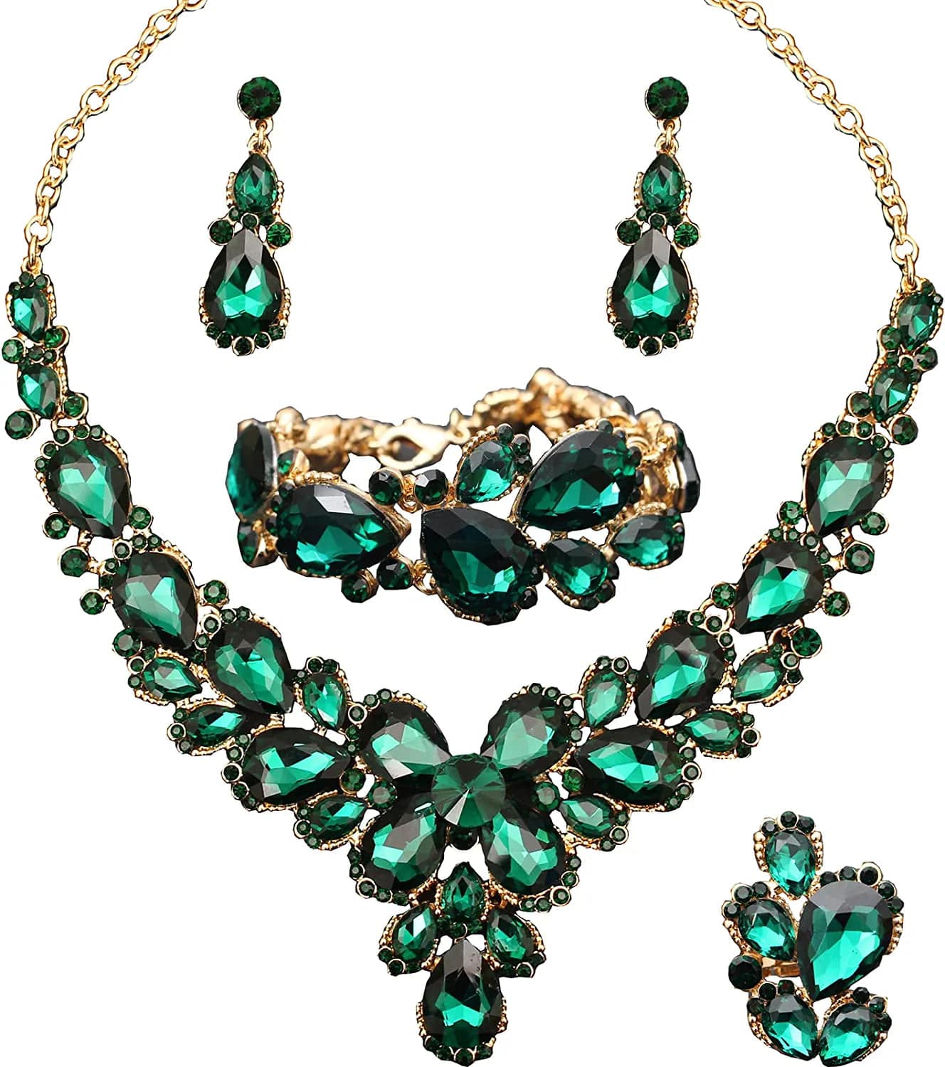 Women'S Wedding Bridal Austrian Crystal Glass Teardrop Statement Necklace Dangle Earrings Bracelet Ring Wedding Party Jewelry Set for Bridal Bridesmaid Green-Gold Plated