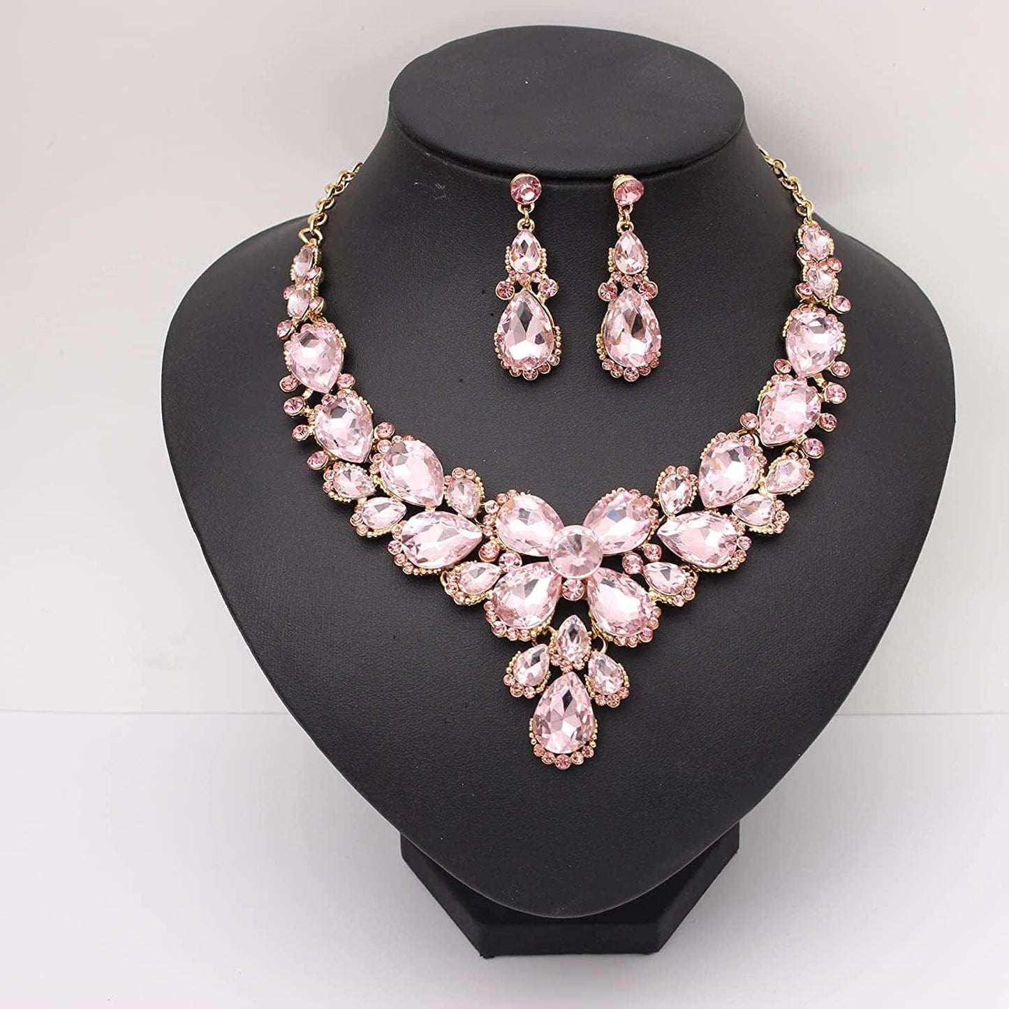Women'S Wedding Bridal Austrian Crystal Glass Teardrop Statement Necklace Dangle Earrings Bracelet Ring Wedding Party Jewelry Set for Bridal Bridesmaid