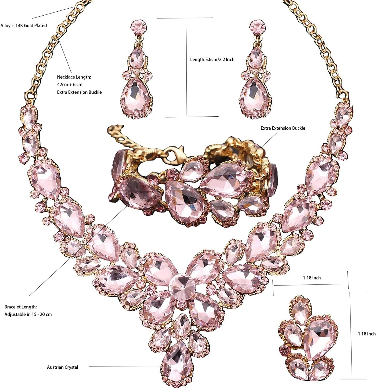 Women'S Wedding Bridal Austrian Crystal Glass Teardrop Statement Necklace Dangle Earrings Bracelet Ring Wedding Party Jewelry Set for Bridal Bridesmaid
