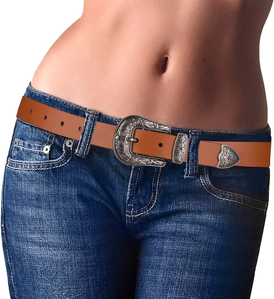 Women'S Western Cowgirl Leather Belts for Jeans Pants Dresses with Fashion Vintage Silver Buckle Apparel & Accessories > Clothing Accessories > Belts Ssumday Brown S for waist 26-30"