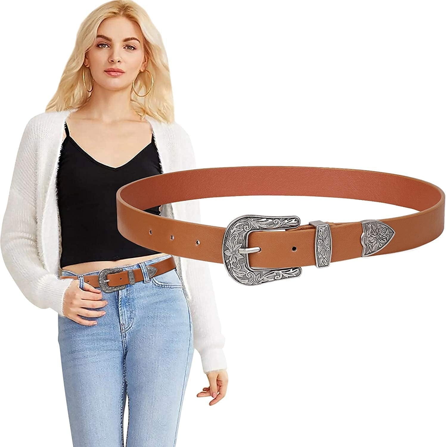 Women'S Western Cowgirl Leather Belts for Jeans Pants Dresses with Fashion Vintage Silver Buckle Apparel & Accessories > Clothing Accessories > Belts Ssumday