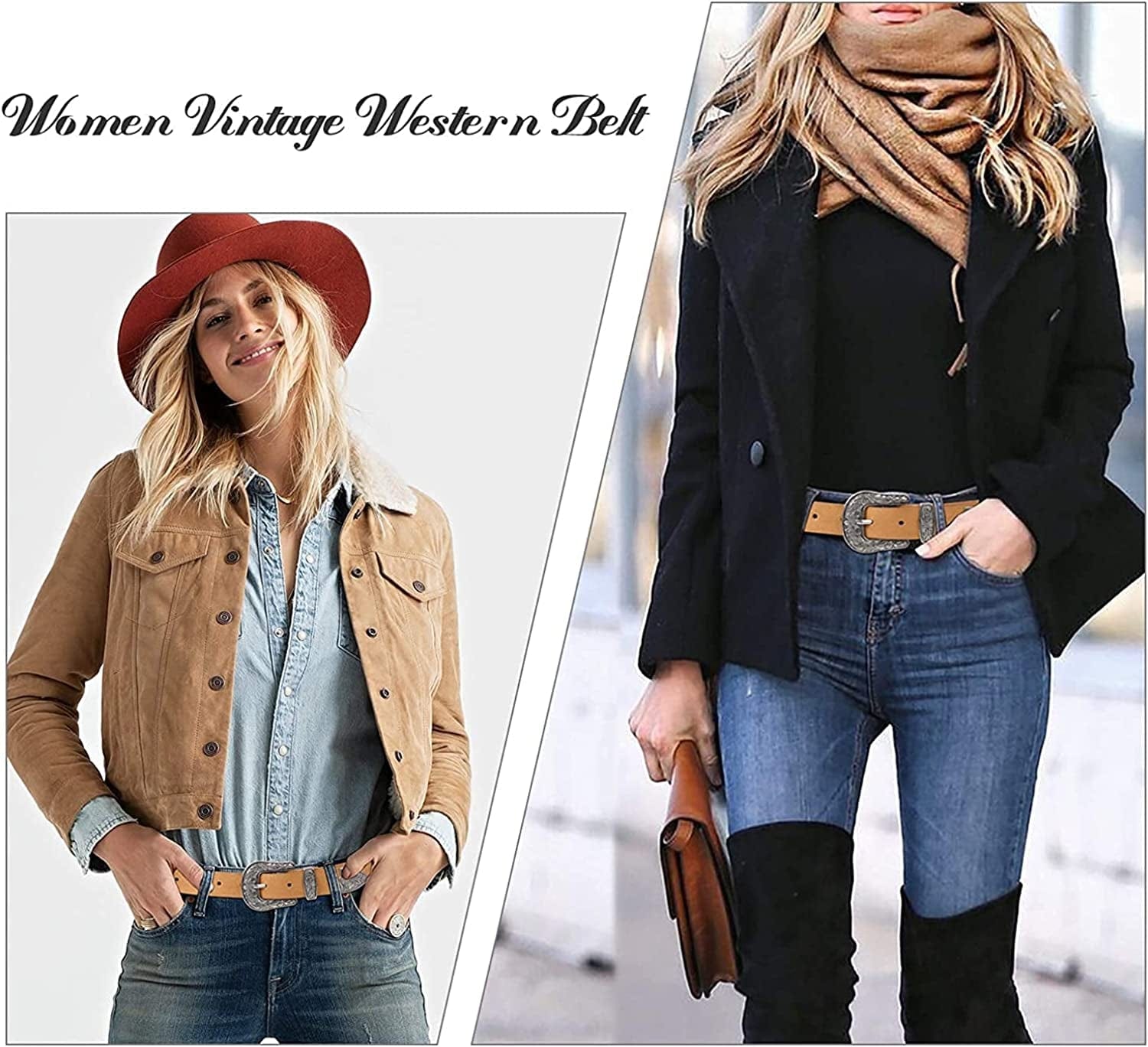 Women'S Western Cowgirl Leather Belts for Jeans Pants Dresses with Fashion Vintage Silver Buckle Apparel & Accessories > Clothing Accessories > Belts Ssumday