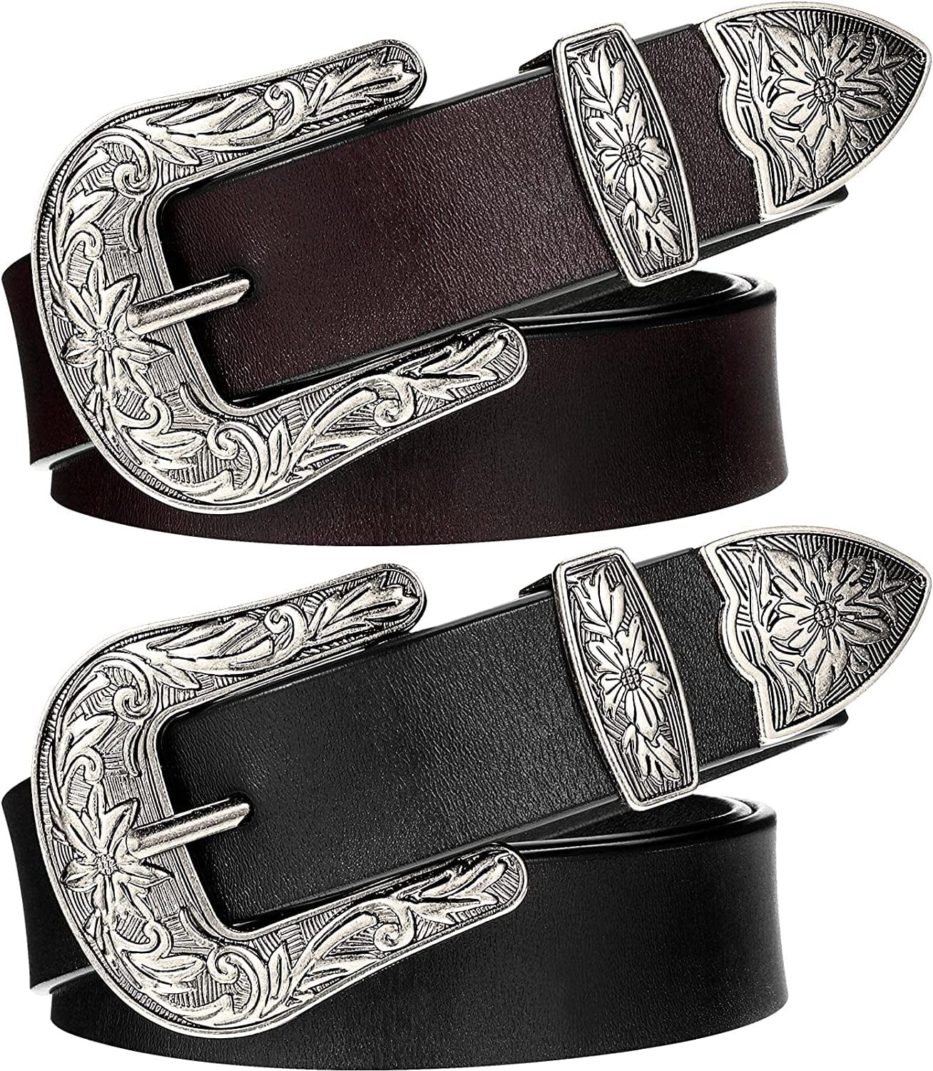 Women'S Western Cowgirl Leather Belts for Jeans Pants Dresses with Fashion Vintage Silver Buckle Apparel & Accessories > Clothing Accessories > Belts Ssumday Black+coffee(2pack) L for waist 35-38"