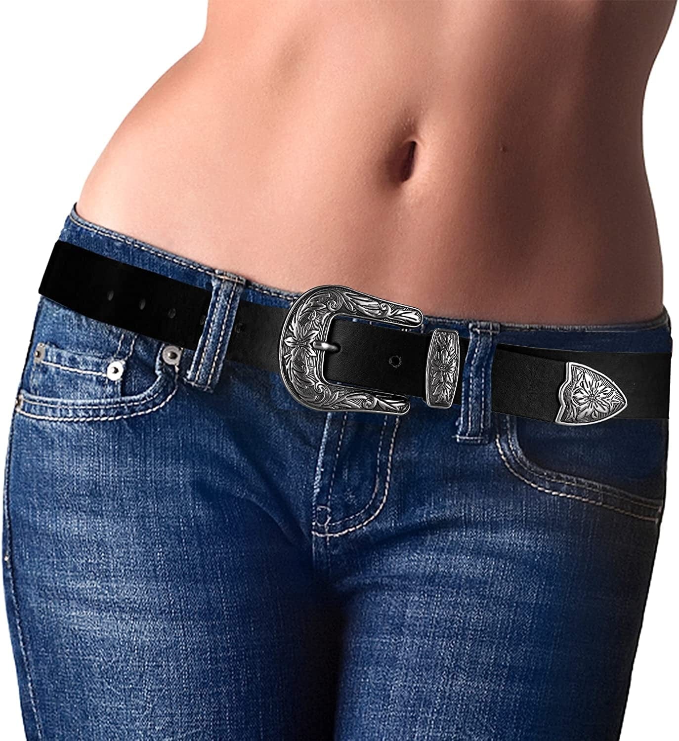 Women'S Western Cowgirl Leather Belts for Jeans Pants Dresses with Fashion Vintage Silver Buckle Apparel & Accessories > Clothing Accessories > Belts Ssumday Black XL for waist 39-42"