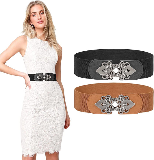 Women'S Wide Elastic Waist Belt Retro Stretch Waistband for Dresses Vintage Cinch Belt Apparel & Accessories > Clothing Accessories > Belts LEACOOLKEY A-black+brown Suit for waist size 26"-33"