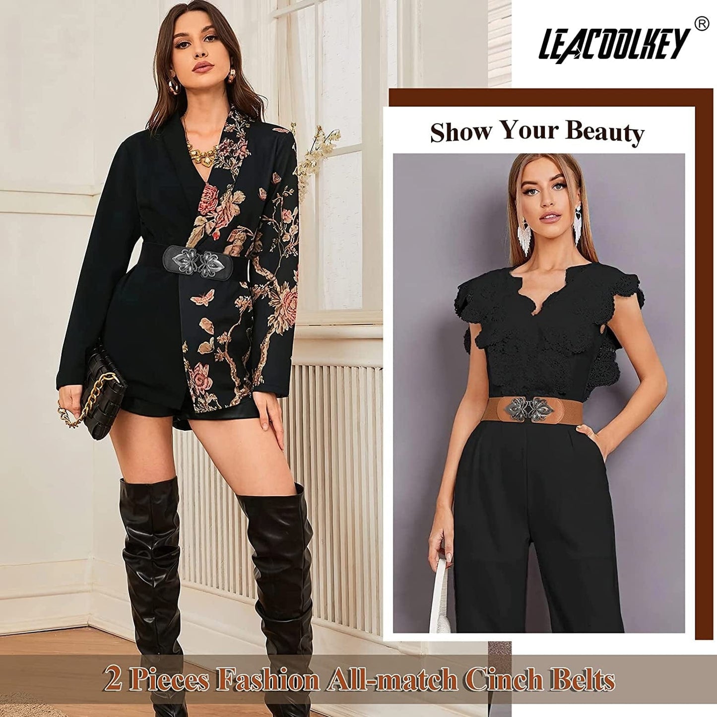 Women'S Wide Elastic Waist Belt Retro Stretch Waistband for Dresses Vintage Cinch Belt Apparel & Accessories > Clothing Accessories > Belts LEACOOLKEY