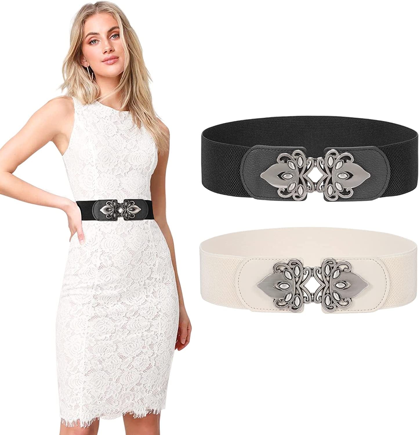 Women'S Wide Elastic Waist Belt Retro Stretch Waistband for Dresses Vintage Cinch Belt Apparel & Accessories > Clothing Accessories > Belts LEACOOLKEY B-black+beige Suit for waist size 26"-33"