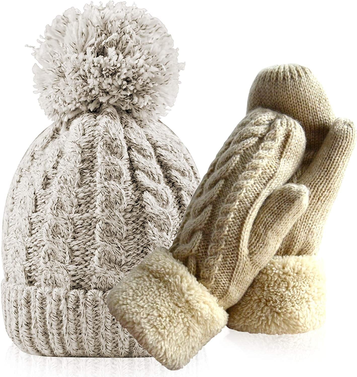 Women'S Winter Gloves Warm Lining - Cozy Wool Knit Thick Gloves Mittens in 11 Color Apparel & Accessories > Clothing Accessories > Gloves & Mittens Whiteleopard Beige+beige Hat
