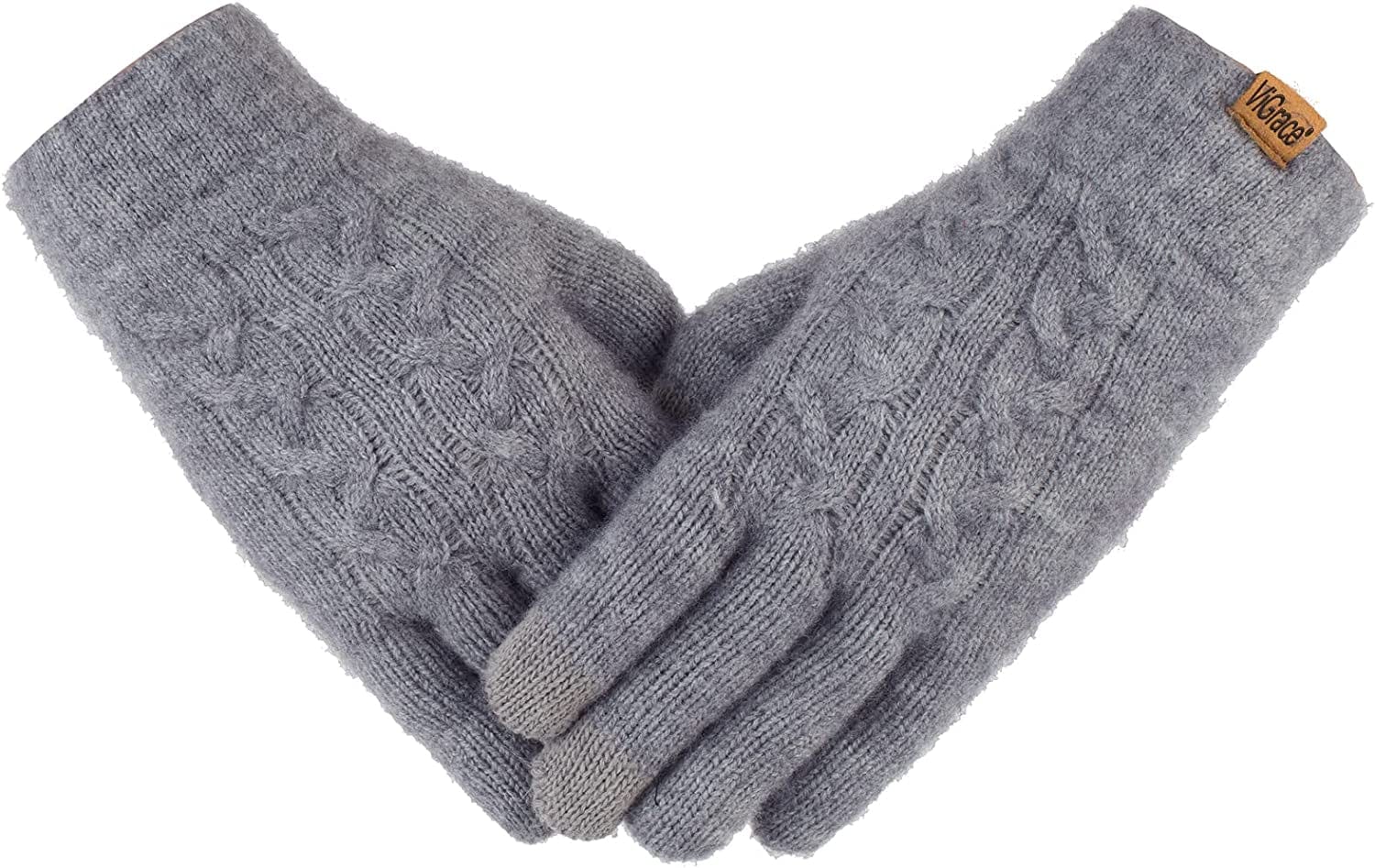 Women'S Winter Warm Touch Screen Gloves Cable Knit Wool Fleece Lined Touchscreen Texting Mittens for Women Apparel & Accessories > Clothing Accessories > Gloves & Mittens ViGrace Gray 1
