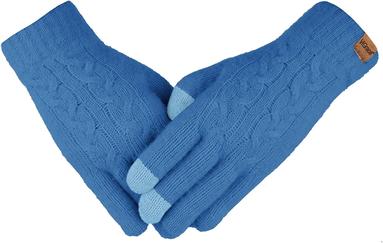 Women'S Winter Warm Touch Screen Gloves Cable Knit Wool Fleece Lined Touchscreen Texting Mittens for Women Apparel & Accessories > Clothing Accessories > Gloves & Mittens ViGrace Blue 1