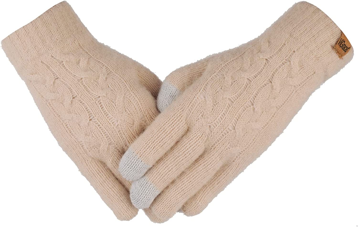 Women'S Winter Warm Touch Screen Gloves Cable Knit Wool Fleece Lined Touchscreen Texting Mittens for Women Apparel & Accessories > Clothing Accessories > Gloves & Mittens ViGrace Beige 1
