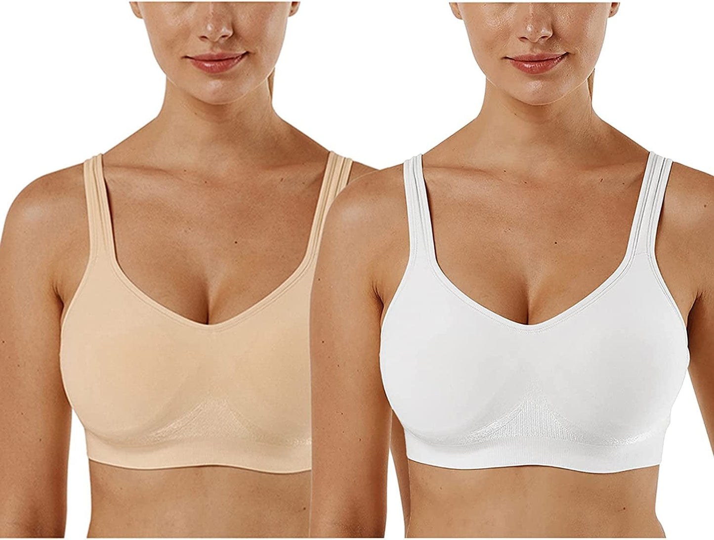 Women'S Wirefree Bras Seamless Full Coverage plus Size Sports Bra for Sleeping Yoga Workout Everyday Wear Bralette 2 Pack-khaki+white / X-Large