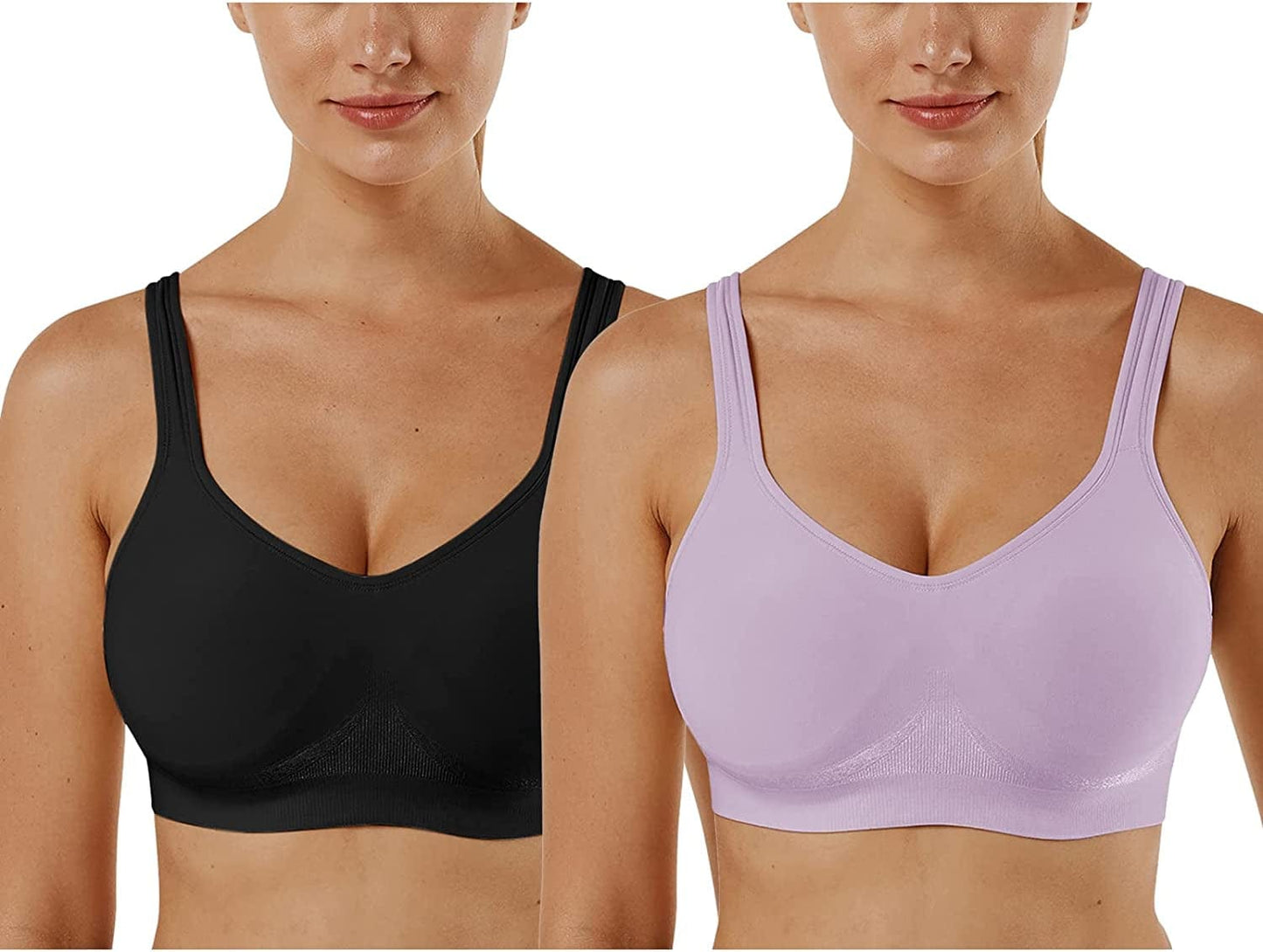 Women'S Wirefree Bras Seamless Full Coverage plus Size Sports Bra for Sleeping Yoga Workout Everyday Wear Bralette 2 Pack-black+purple / XX-Large