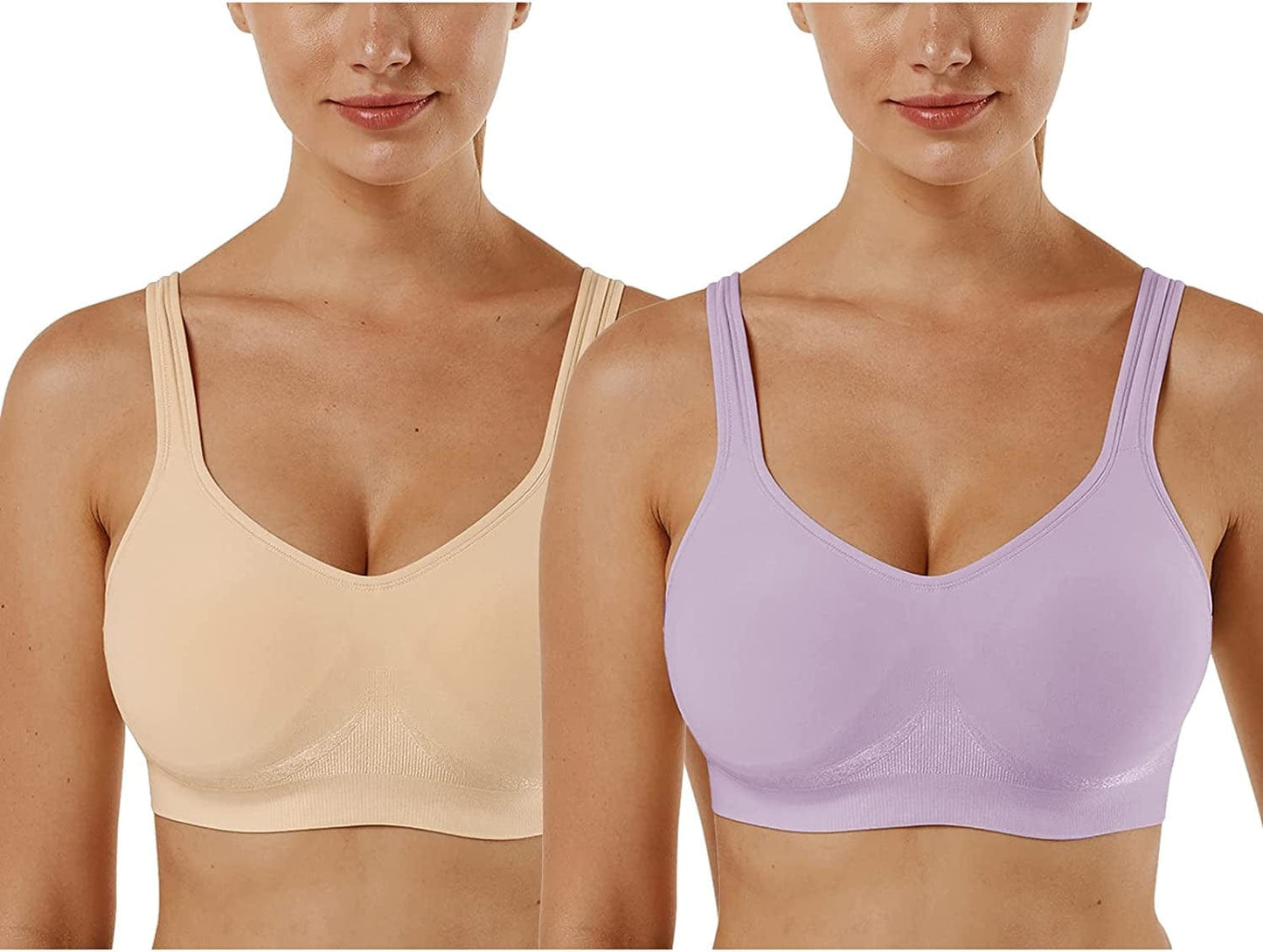 Women'S Wirefree Bras Seamless Full Coverage plus Size Sports Bra for Sleeping Yoga Workout Everyday Wear Bralette 2 Pack-khaki+purple / 3X-Large