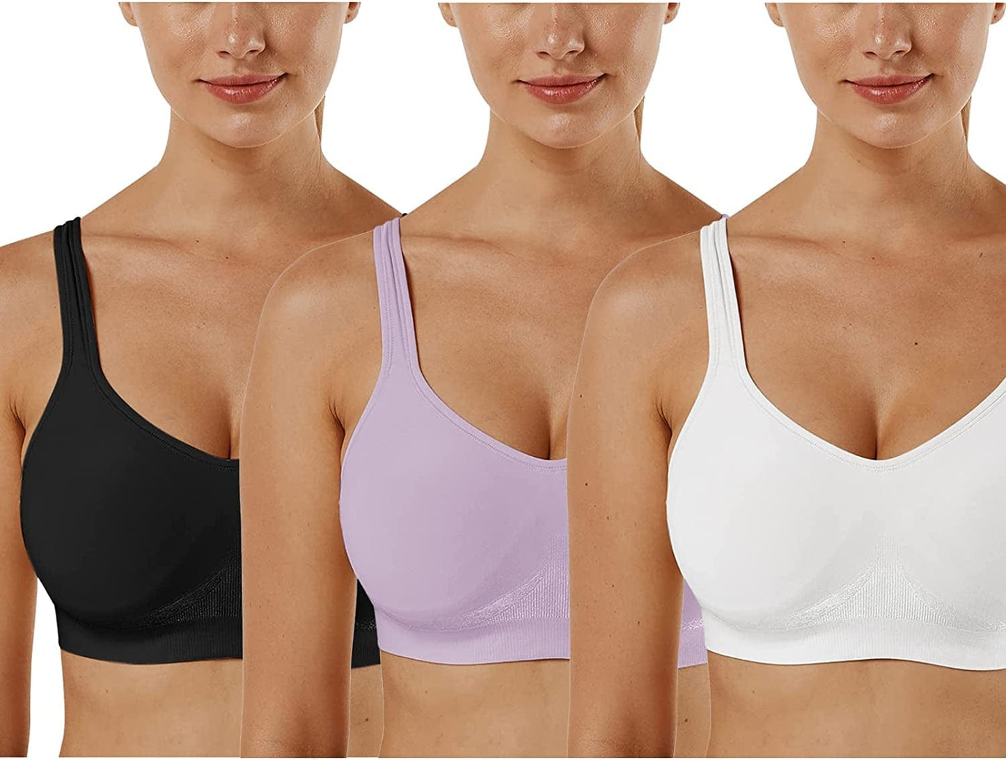 Women'S Wirefree Bras Seamless Full Coverage plus Size Sports Bra for Sleeping Yoga Workout Everyday Wear Bralette 3 Pack-black+white+purple / XX-Large