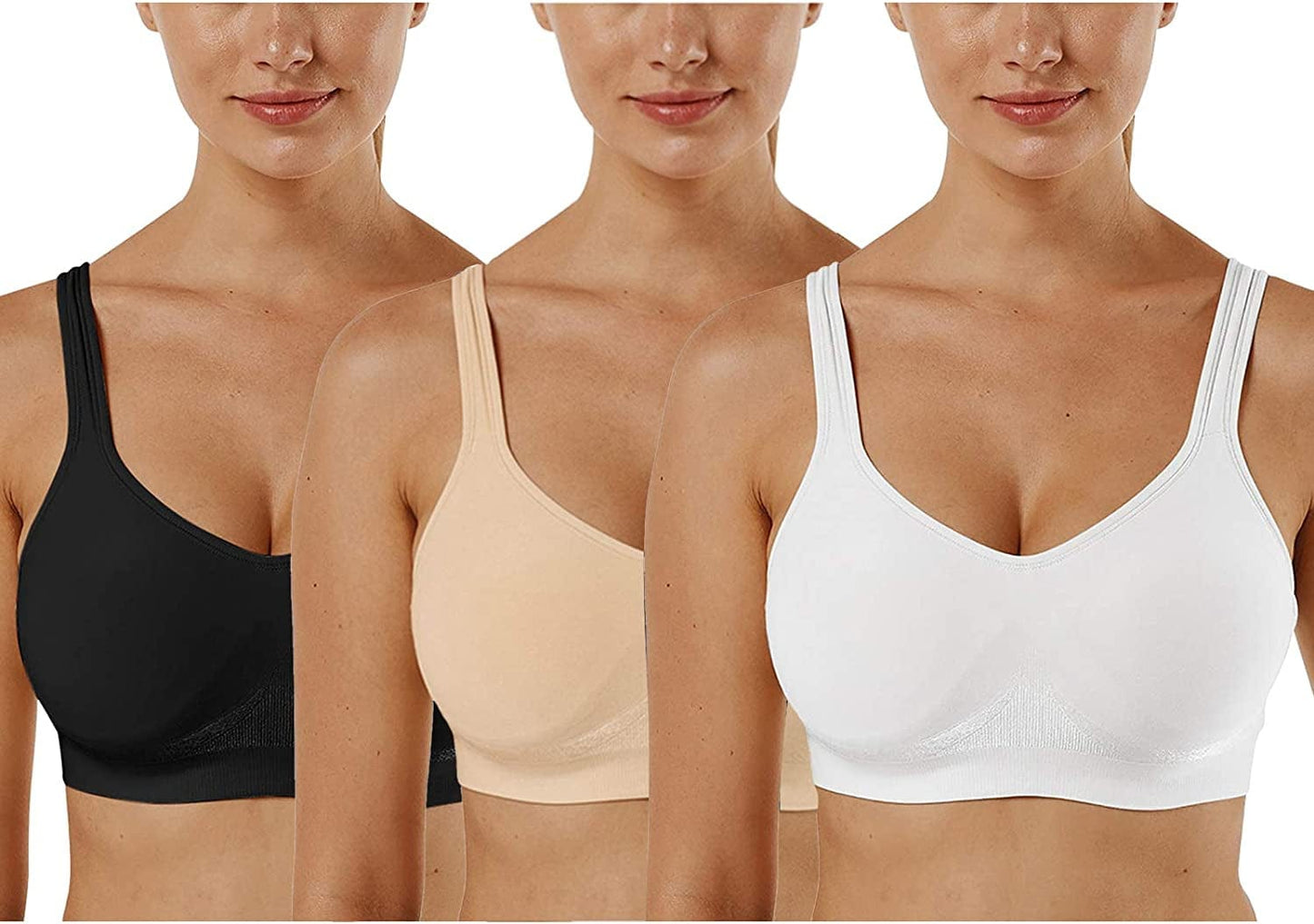 Women'S Wirefree Bras Seamless Full Coverage plus Size Sports Bra for Sleeping Yoga Workout Everyday Wear Bralette 3 Pack-black+white+khaki / X-Large