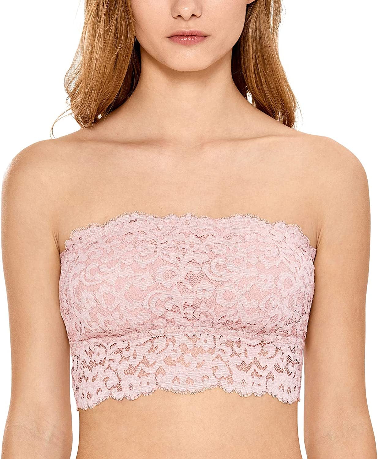 Women'S Wireless Lightly Lined Bandeau Lace Bralette Strapless Bra Gentle Rose / Medium