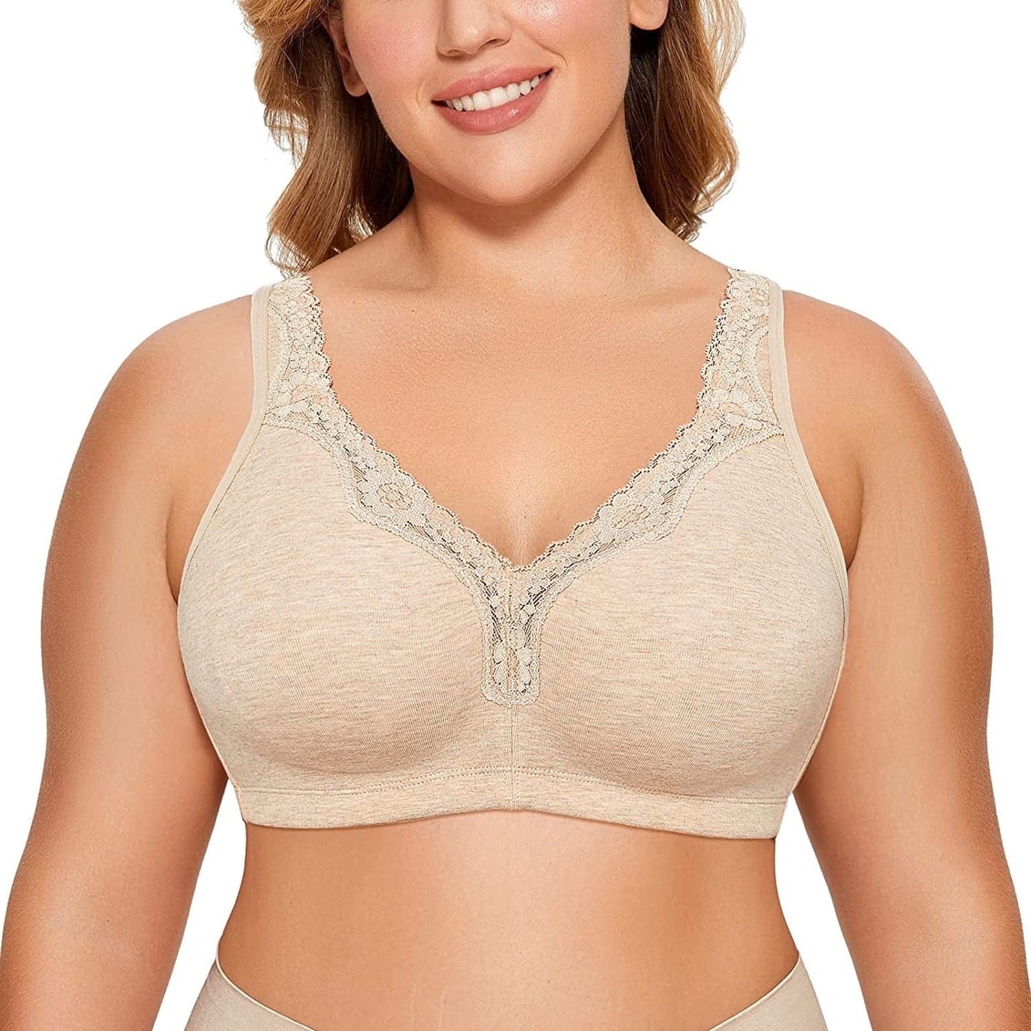 Women'S Wireless plus Size Lace Bra Unlined Full Coverage Comfort Cotton Oatmeal Heather / 38DD