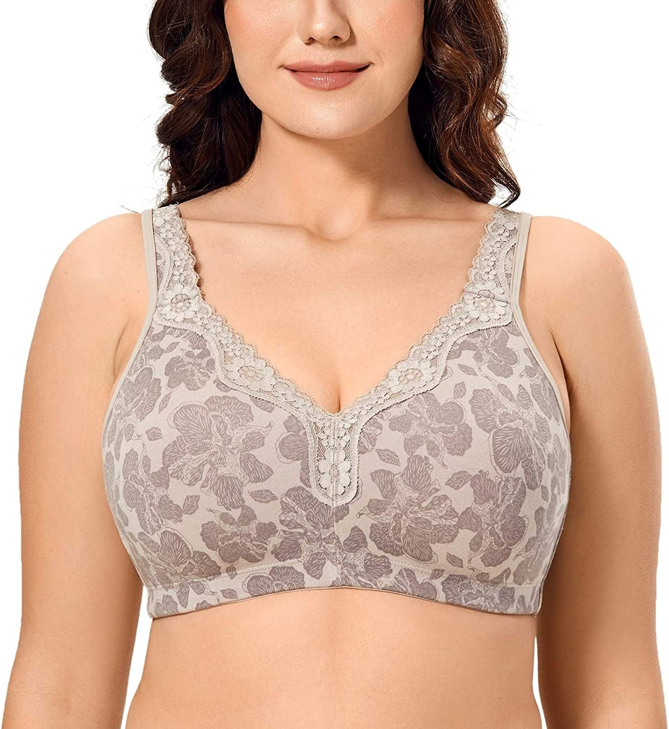 Women'S Wireless plus Size Lace Bra Unlined Full Coverage Comfort Cotton Brown Hibiscus / 38B