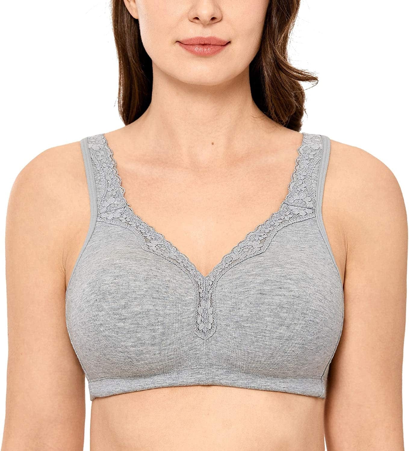 Women'S Wireless plus Size Lace Bra Unlined Full Coverage Comfort Cotton Grey / 44D